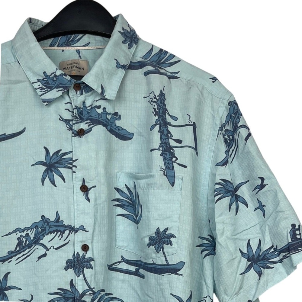 Quiksilver WATERMAN Shirt Mens XL Comfort Fit Blue Outrigger Canoe Floral Summer